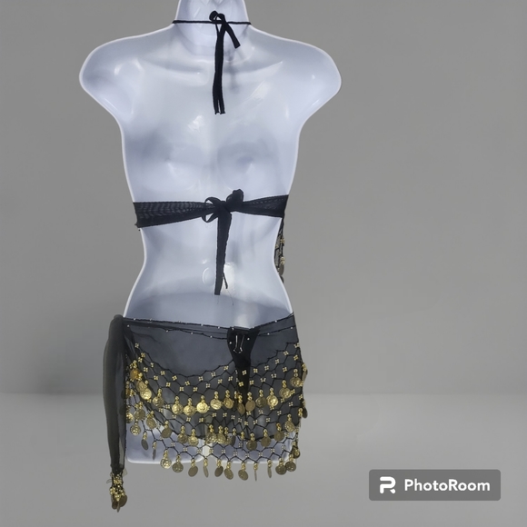 2-Piece Sexy Bellydancing Arabian Costume Set-Black with Gold Coins - Picture 6 of 10